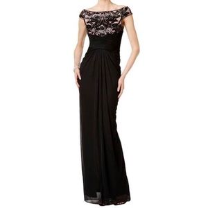 Off-the-shoulder evening gown w/ sequins